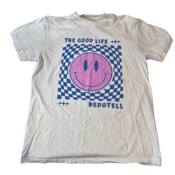 🧁vintage the good life white smiley face graphic top y2k retro psychedelic vtg - Picture 1 of 6
